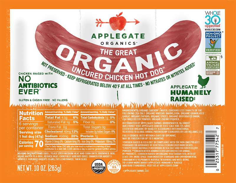 Products - Hot Dogs - The Great Organic Chicken Hot Dog - Applegate